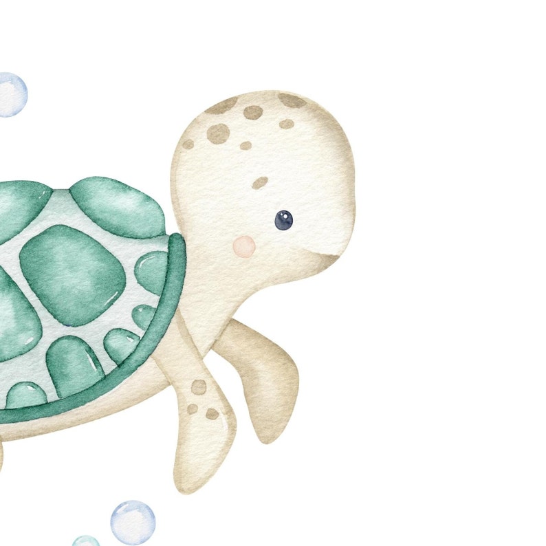 May include: A watercolor illustration of a green sea turtle with a brown shell swimming with bubbles. The turtle has a cute face with blue eyes and a pink nose.