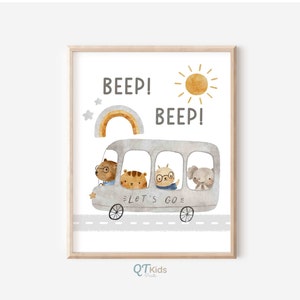May include: A watercolor illustration of a bus with a rainbow, sun, and stars. The bus is filled with animals, including a bear, tiger, dog, and elephant. The bus says "Let's Go" and "Beep!" on the front.