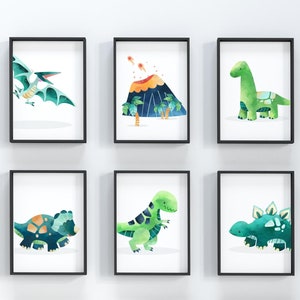 May include: Six framed prints featuring watercolor illustrations of dinosaurs and a volcano. The prints are in black frames and have white backgrounds. The dinosaurs are green, blue, and brown with various patterns. The volcano is red and orange with palm trees.