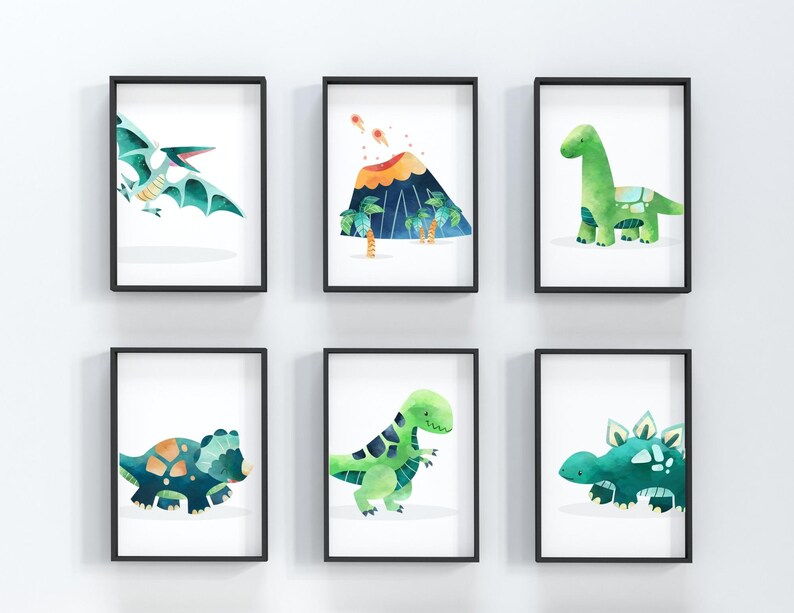 May include: Six framed prints featuring watercolor illustrations of dinosaurs and a volcano. The prints are in black frames and have white backgrounds. The dinosaurs are green, blue, and brown with various patterns. The volcano is red and orange with palm trees.