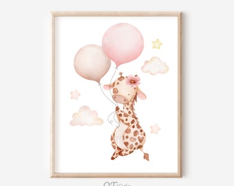 Girl Nursery Print, Baby Giraffe with Balloons, Pink Girl Room Decor, Girl Playroom Poster, Safari Animal Nursery Decor, DIGITAL DOWNLOAD