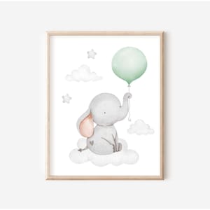 Junge Kinderzimmer Drucke, Elefant mit grünen Luftballons, druckbare Wandkunst, grüne Jungen Zimmer Dekor, Safari Tier Spielzimmer Dekor, DIGITAL DOWNLOAD