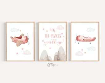 Vliegtuig Kwekerij Prints, Meisje Kamer Kunst aan de Muur, Speelkamer Afdrukbare Kunst aan de Muur, Aquarel Vliegtuig Kunst Prints, Kids Room Decor, DIGITALE DOWNLOAD