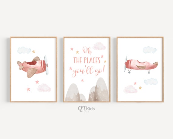 Airplane Nursery Prints, Girl Room Wall Art, Playroom Printable Wall Art, Watercolour Airplane Art Prints, Kids Room Decor, DIGITAL DOWNLOAD