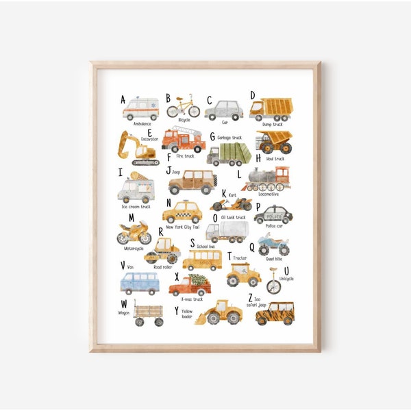 Transport Alphabet Print, Vehicles ABC Print, Boy PlayRoom Wall Art, Boy Nursery Decor, Classroom Prints, Learning Poster, DIGITAL DOWNLOAD