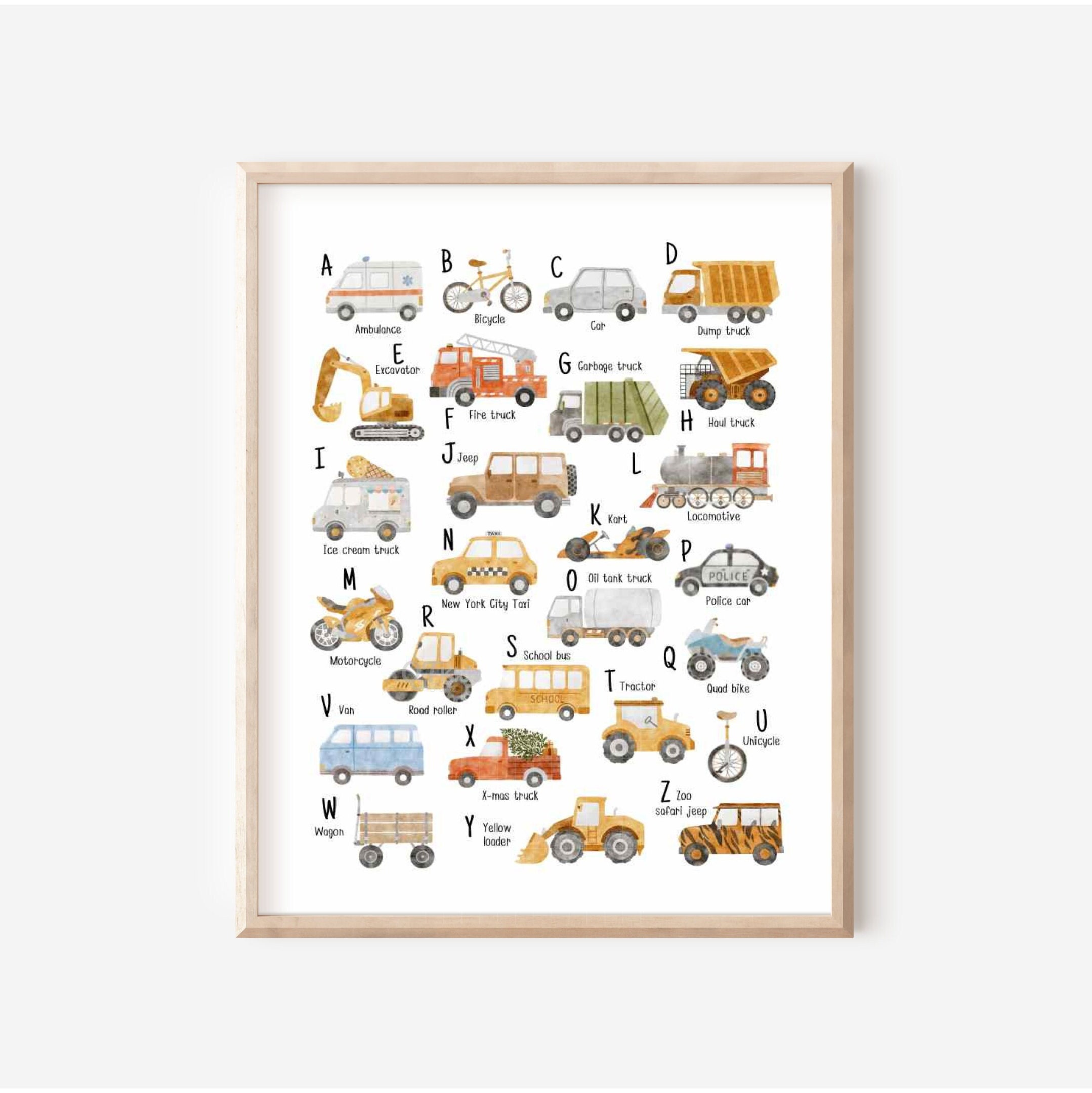 Transport alfabet print, voertuigen ABC print, jongen speelkamer kunst aan de muur, jongen kinderkamer decor, klaslokaal prints, leren poster, digitale download