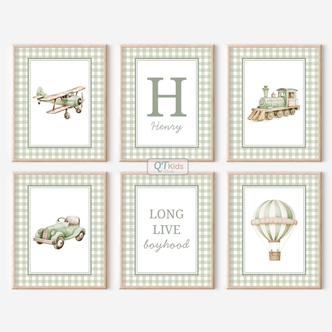 Transport Nursery Prints, Personalized Sage Green Nursery Wall Art ...