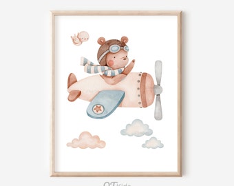 Impresión de vivero de avión, arte de pared de habitación de niño, arte de pared imprimible de sala de juegos, impresión de arte de avión de acuarela, decoración de habitación para niños, DESCARGA DIGITAL