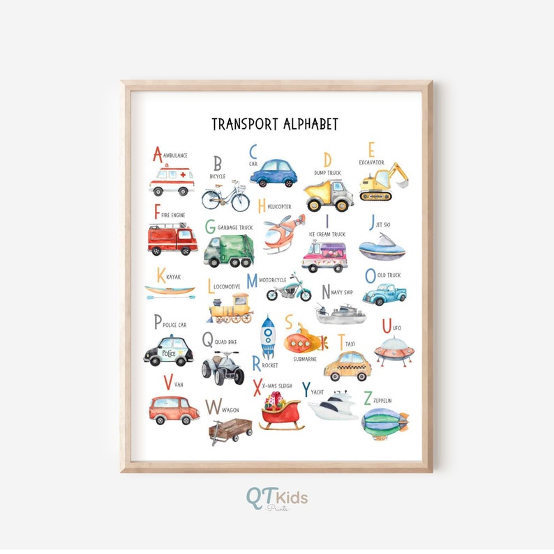 May include: A colorful alphabet chart featuring watercolor illustrations of different modes of transportation, such as a car, bicycle, helicopter, dump truck, excavator, fire engine, garbage truck, jet ski, ice cream truck, kayak, locomotive, motorcycle, navy ship, old truck, police car, quad bike, rocket, submarine, taxi, ufo, van, wagon, X-mas sleigh, yacht, and zeppelin. The chart is titled "Transport Alphabet".