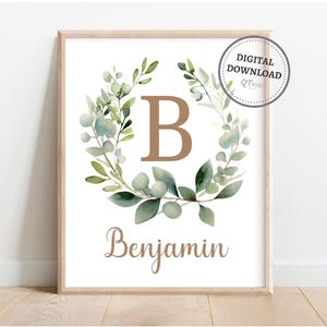 Impresión personalizada para guardería, corona de hojas de eucalipto, nombre de bebé, regalo para baby shower, decoración de pared de guardería neutra en cuanto al género, DESCARGA DIGITAL