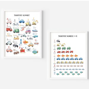 May include: Two printable posters featuring colorful illustrations of vehicles and transportation. The first poster is an alphabet chart with each letter of the alphabet paired with a different vehicle. The second poster is a number chart with each number from 1 to 10 paired with a different vehicle.