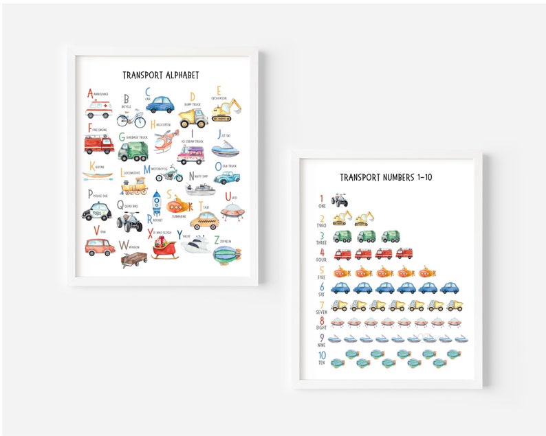 May include: Two printable posters featuring colorful illustrations of vehicles and transportation. The first poster is an alphabet chart with each letter of the alphabet paired with a different vehicle. The second poster is a number chart with each number from 1 to 10 paired with a different vehicle.