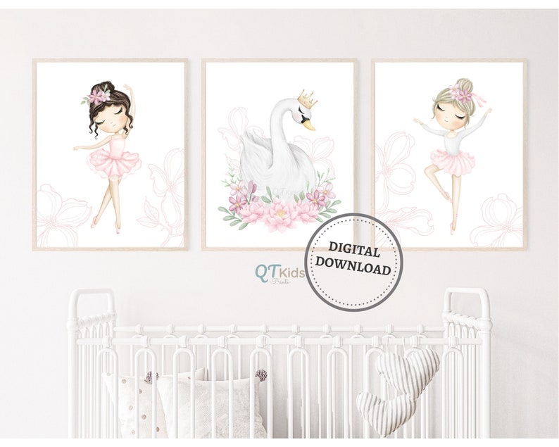 Ballerina Nursery Prints, Swan Girl Nursery Printable Wall Art, Baby Girl Room Decor, Pink Floral Swan Princess Prints, DIGITAL DOWNLOAD image 1