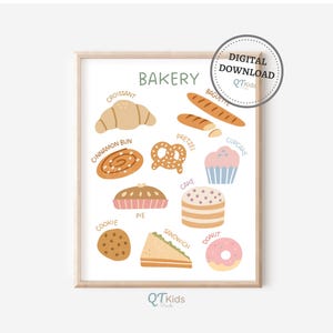 May include: A framed print with illustrations of bakery goods, including a croissant, baguette, and cupcake. The word "BAKERY" is at the top, with "DIGITAL DOWNLOAD" and "QTKids" text in a circle. The print is in a light wood frame.