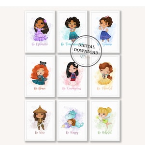 Láminas de princesas, láminas para guardería de niñas, decoración de princesas para sala de juegos, póster de princesas, arte de pared imprimible de princesas para dormitorio de niñas, DESCARGA DIGITAL