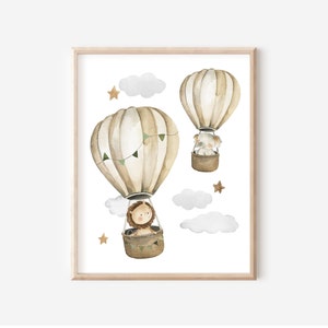 Safari Tiere in Heißluftballons, Junge Kinderzimmer Drucke, Dschungel Tier Druckbare Wandkunst, Boho Spielzimmer Wanddeko, DIGITALER DOWNLOAD