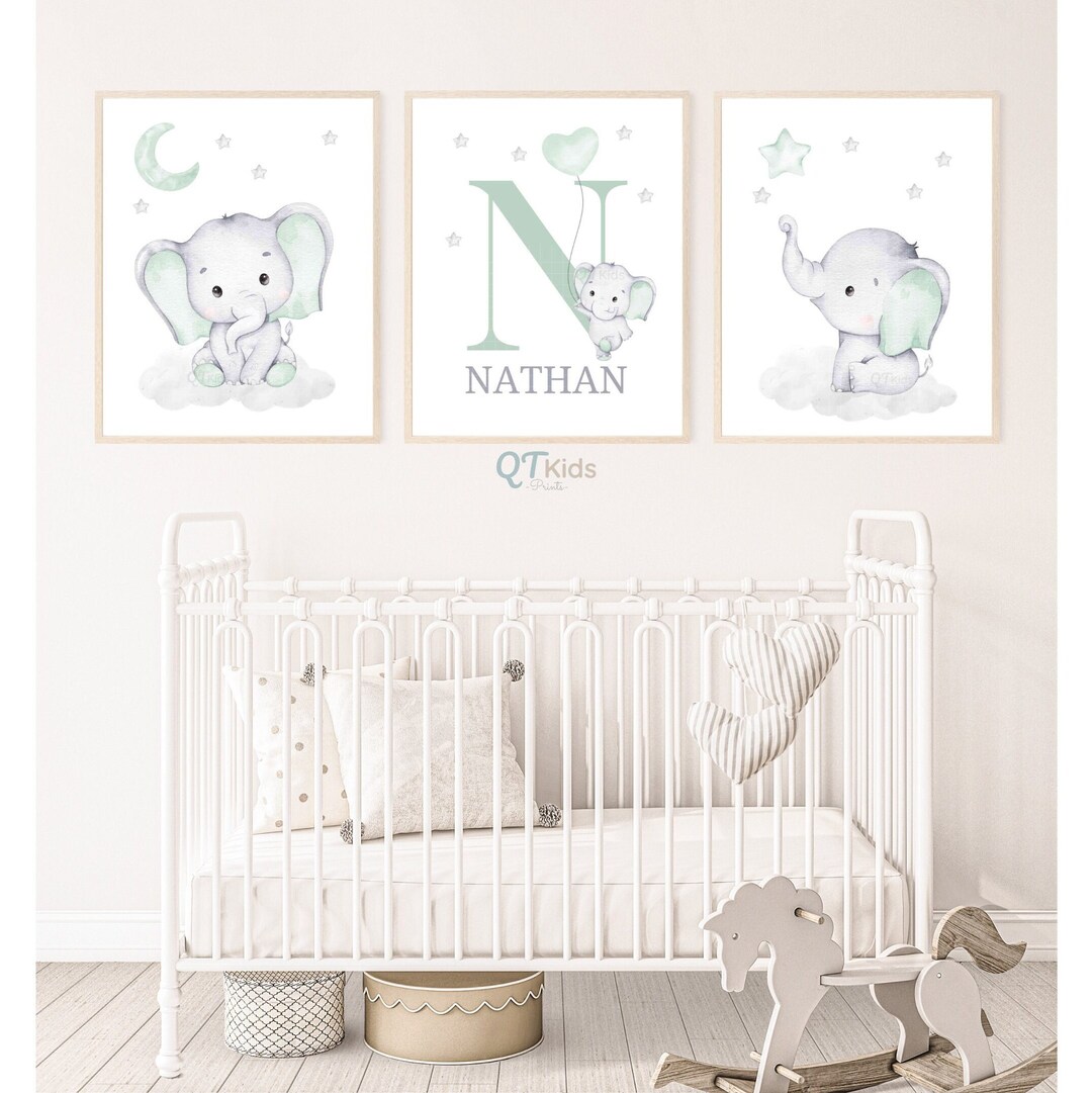 Custom Name Elephant Nursery Prints, Personalized Baby Name Prints, Boy ...