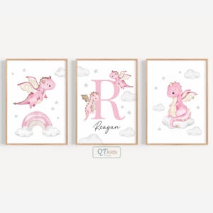Personalized Pink Dragon Nursery Prints, Girl Name Room Wall Art, Fairytale Playroom Decor, Baby Kids Room Dragon Posters,  DIGITAL DOWNLOAD