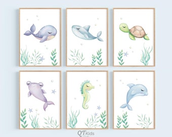 Ocean Nursery Print / Boy Nursery Prints Under the Sea Creatures / Animales oceánicos / Decoración náutica / Boy Playroom Prints / DESCARGA DIGITAL