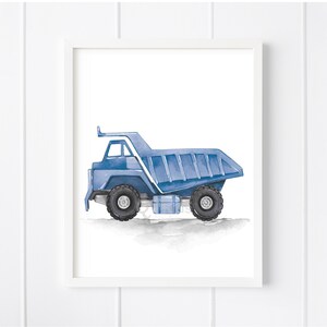 May include: A watercolor painting of a blue dump truck on a white background. The truck has a white cab and a blue bed. The truck is facing to the right.