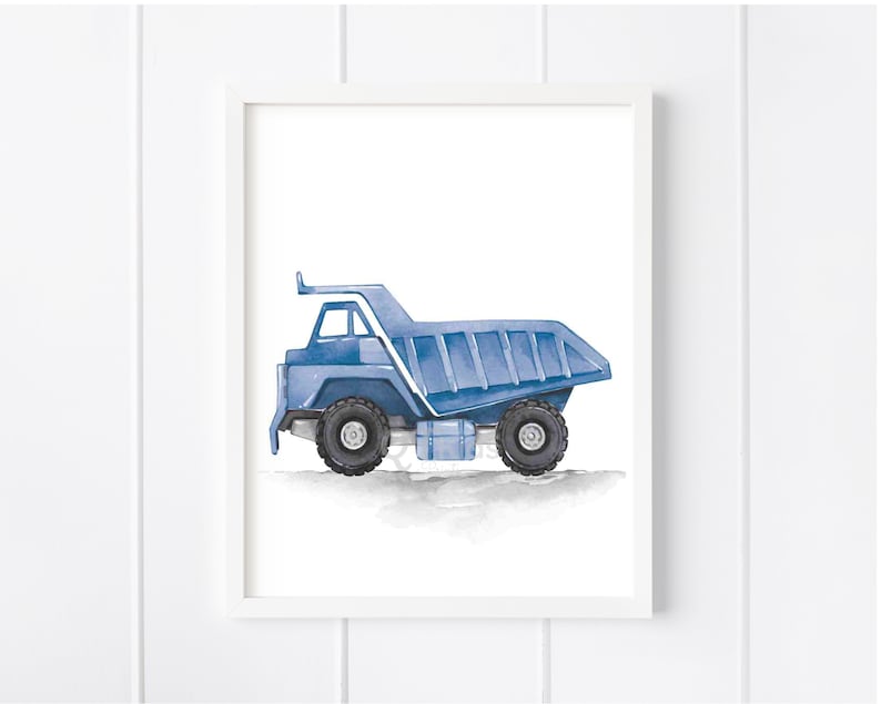 May include: A watercolor painting of a blue dump truck on a white background. The truck has a white cab and a blue bed. The truck is facing to the right.