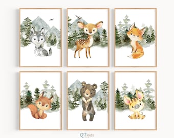 Woodland Animal Prints, Woodland Nursery Decor, Boy Nursery Art Prints, Set of 6, Woodland Prints, Baby Animal Wall Art, DIGITAL DOWNLOAD