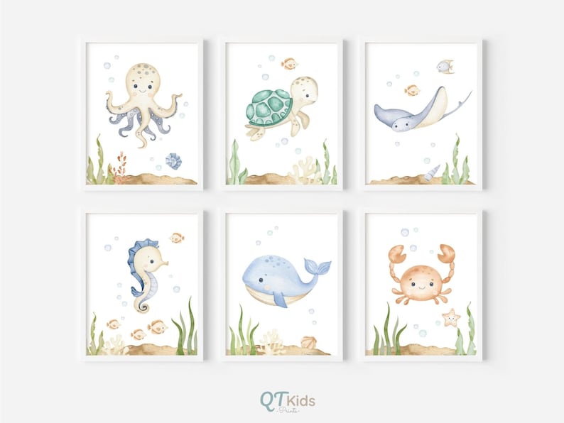 May include: Set of six watercolor illustrations featuring various sea creatures, including an octopus, turtle, stingray, seahorse, whale, and crab. Each illustration is framed in a white frame and features a light blue, beige, and green color palette.