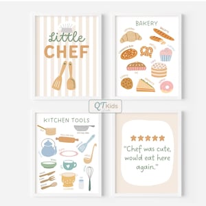 May include: Four framed art prints with a culinary theme. One print says "Little Chef" with utensils. Another shows bakery items like croissants and donuts. The third displays kitchen tools. The last print has a quote: "Chef was cute, would eat here again."
