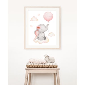 Girl Nursery Print, Baby Elephant With Balloons, Pink Girl Room Decor ...
