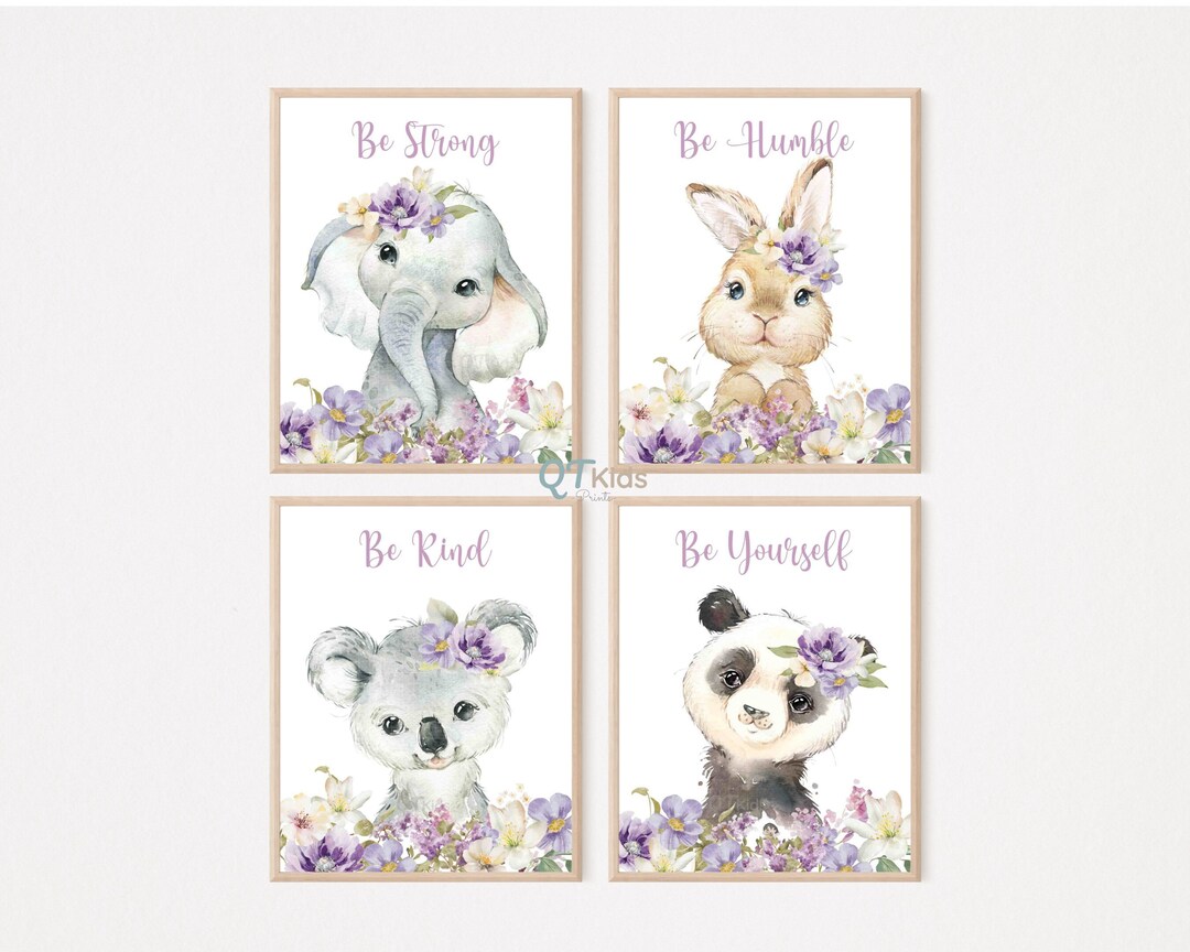 Girl Nursery Prints, Animals Printable Wall Art, Purple White Wildflowers Print, Elephant Rabbit