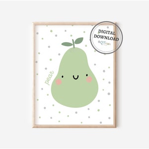 Arte de la pared del vivero de frutas de pera, linda impresión de arte de frutas, decoración de la pared de la sala de juegos para niños, decoración de frutas del vivero boho, DESCARGAS DIGITALES del aula escolar