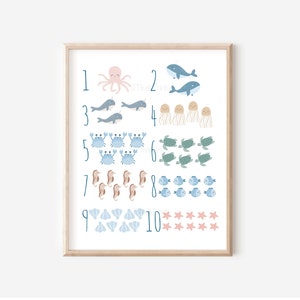Meerestiere Zahlen Print, Unter dem Meer Kinderzimmer Dekor, Ozean Tiere druckbare Wandkunst, Meerestiere, nautische Wandkunst DIGITAL DOWNLOAD