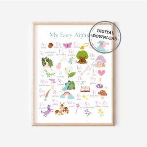 Impresiones de hadas ABC, impresión de guardería para niñas, decoración de hadas de sala de juegos, alfabeto de jardín de hadas, alfabeto Montessori para niños pequeños imprimible, DESCARGA DIGITAL