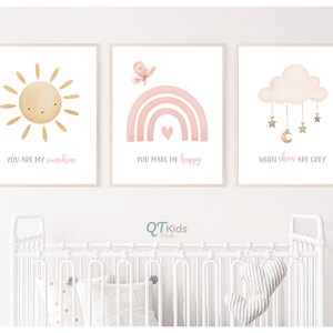 Girl Nursery Print Set, Sun Cloud Rainbow, You Are My Sunshine, Pink ...