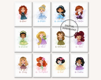 Conjunto de impresión de princesas, impresiones de guardería para niñas, decoración de pared de sala de juegos de guardería temática de princesas, arte de pared de princesas, DESCARGA DIGITAL