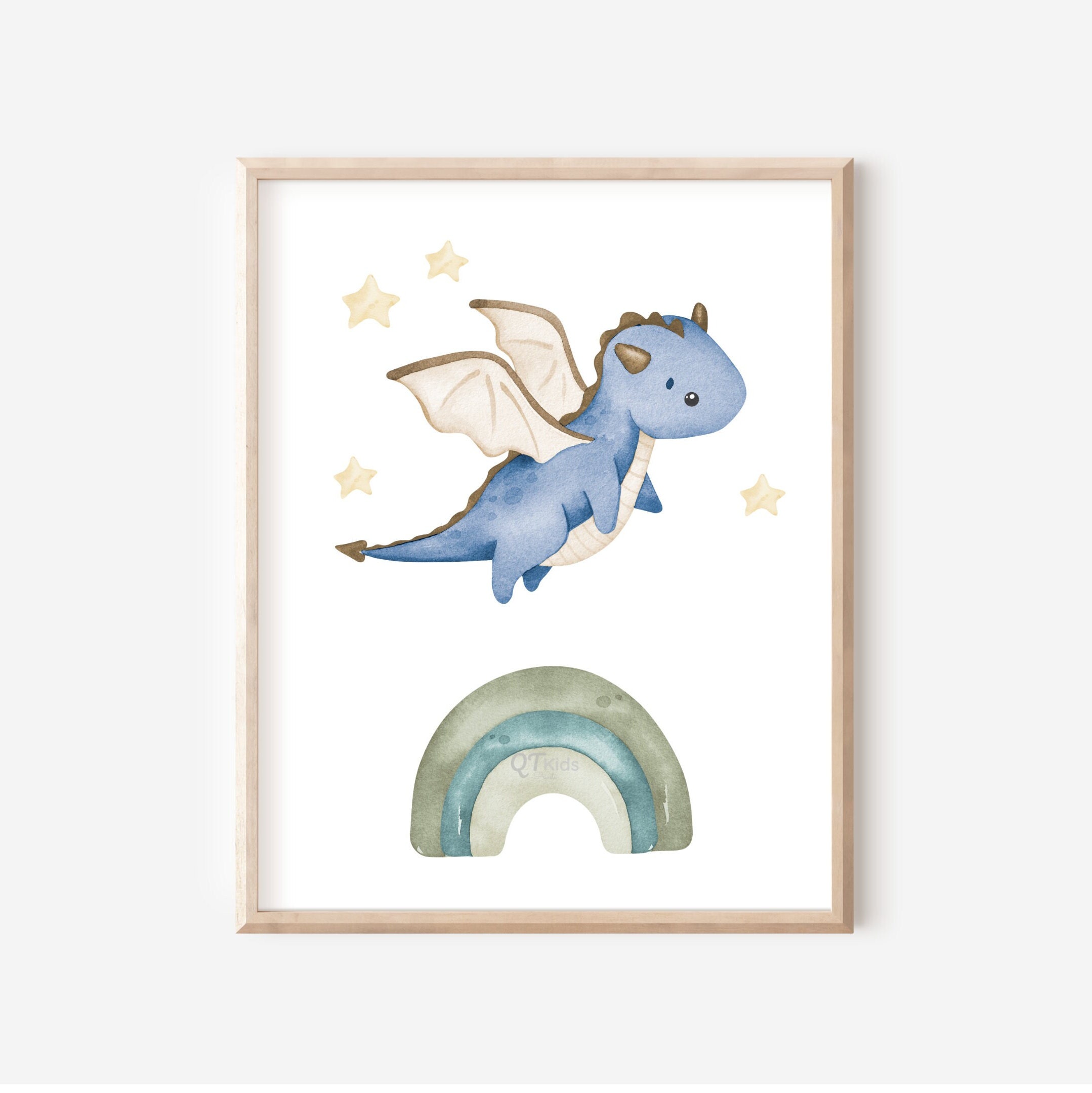 Baby Dragon Nursery Print, Boy Room Printable Wall Art, Playroom Wall Decor, Castle Fairytale Kids Room Decor, Rainbow DIGITAL DOWNLOAD