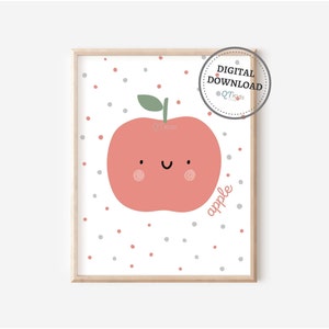 Arte de la pared del vivero de frutas de manzana, linda impresión de arte de frutas, decoración de la pared de la sala de juegos para niños, decoración de frutas del vivero boho, cartel educativo DESCARGA DIGITAL