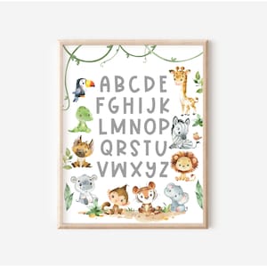 Impresión del alfabeto de animales de Safari, arte de pared imprimible de Safari, decoración de vivero de género neutro, sala de juegos temática de la selva, póster ABC, DESCARGA DIGITAL
