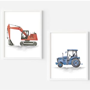May include: Two watercolor illustrations of construction vehicles. The first image shows a red excavator with a black bucket. The second image shows a blue tractor with black wheels.