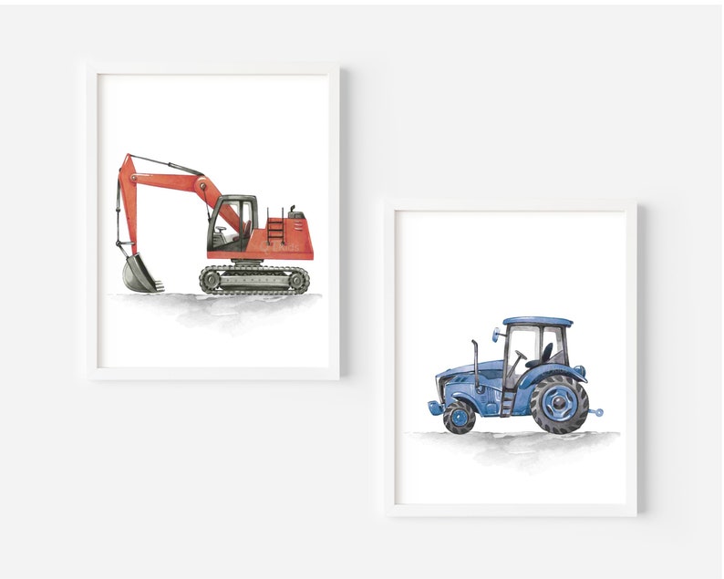 May include: Two watercolor illustrations of construction vehicles. The first image shows a red excavator with a black bucket. The second image shows a blue tractor with black wheels.