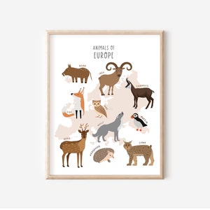 Tiere Europas, pädagogisches druckbares, Klassenzimmer Poster, Montessori Drucke, Spielzimmer Tiere Dekor, Tier Karte Druck, DIGITAL DOWNLOAD