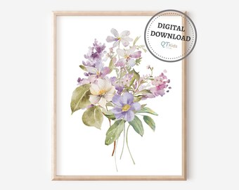 Purple Floral Nursery Print, Girl Room Wall Art, Watercolour Floral Bouquet, Wildflowers Print, Lavender Nursery Decor, DIGITAL DOWNLOAD