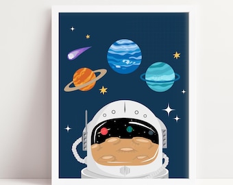Space Astronaut Kids Room Print, Nursery Montessori School Poster, Children Outer Space Playroom, Space Planets Wall Art, DIGITAL DOWNLOAD