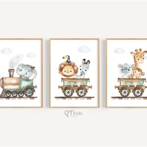 Safari Nursery Prints, Train Wall Art, Lion Elephant Zebra, Safari Animal Posters, Green Playroom Wall Art, DIGITAL DOWNLOAD image 2