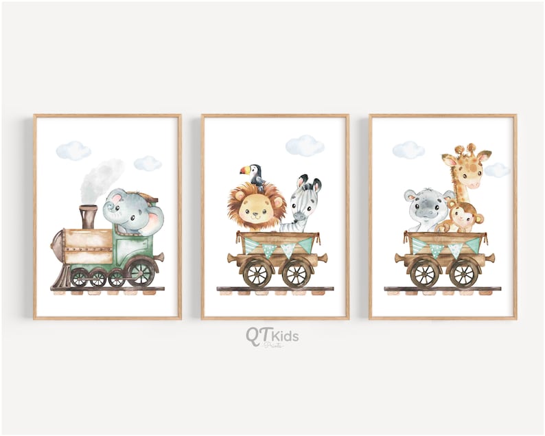 Safari Nursery Prints, Train Wall Art, Lion Elephant Zebra, Safari Animal Posters, Green Playroom Wall Art, DIGITAL DOWNLOAD image 2