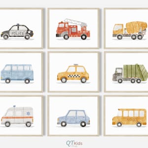 Láminas de transporte para guardería, arte de pared para habitación de niño, decoración de coches para guardería de niño, juego de 9 carteles para sala de juegos con coches, camiones, autobuses y vehículos, DESCARGA DIGITAL