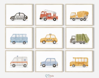 Transport Nursery Prints, Boy Room Wall Art, Boy Nursery Cars Decor, Cars Trucks Bus Vehicles Playroom Set of 9 Posters, DIGITAL DOWNLOAD