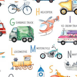 May include: A colorful alphabet chart featuring watercolor illustrations of various vehicles, including a fire engine, garbage truck, helicopter, ice cream truck, kayak, locomotive, motorcycle, navy ship, police car, and submarine. Each letter is paired with a corresponding vehicle and its name.