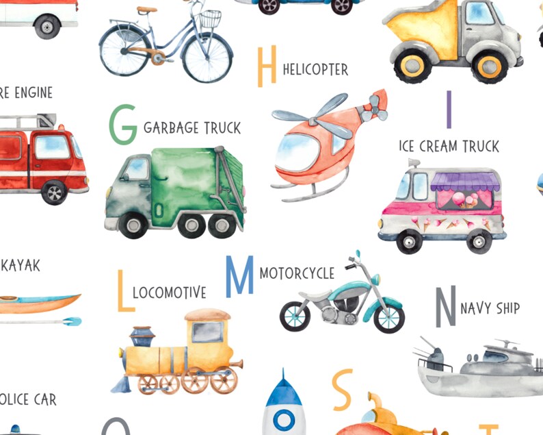 May include: A colorful alphabet chart featuring watercolor illustrations of various vehicles, including a fire engine, garbage truck, helicopter, ice cream truck, kayak, locomotive, motorcycle, navy ship, police car, and submarine. Each letter is paired with a corresponding vehicle and its name.