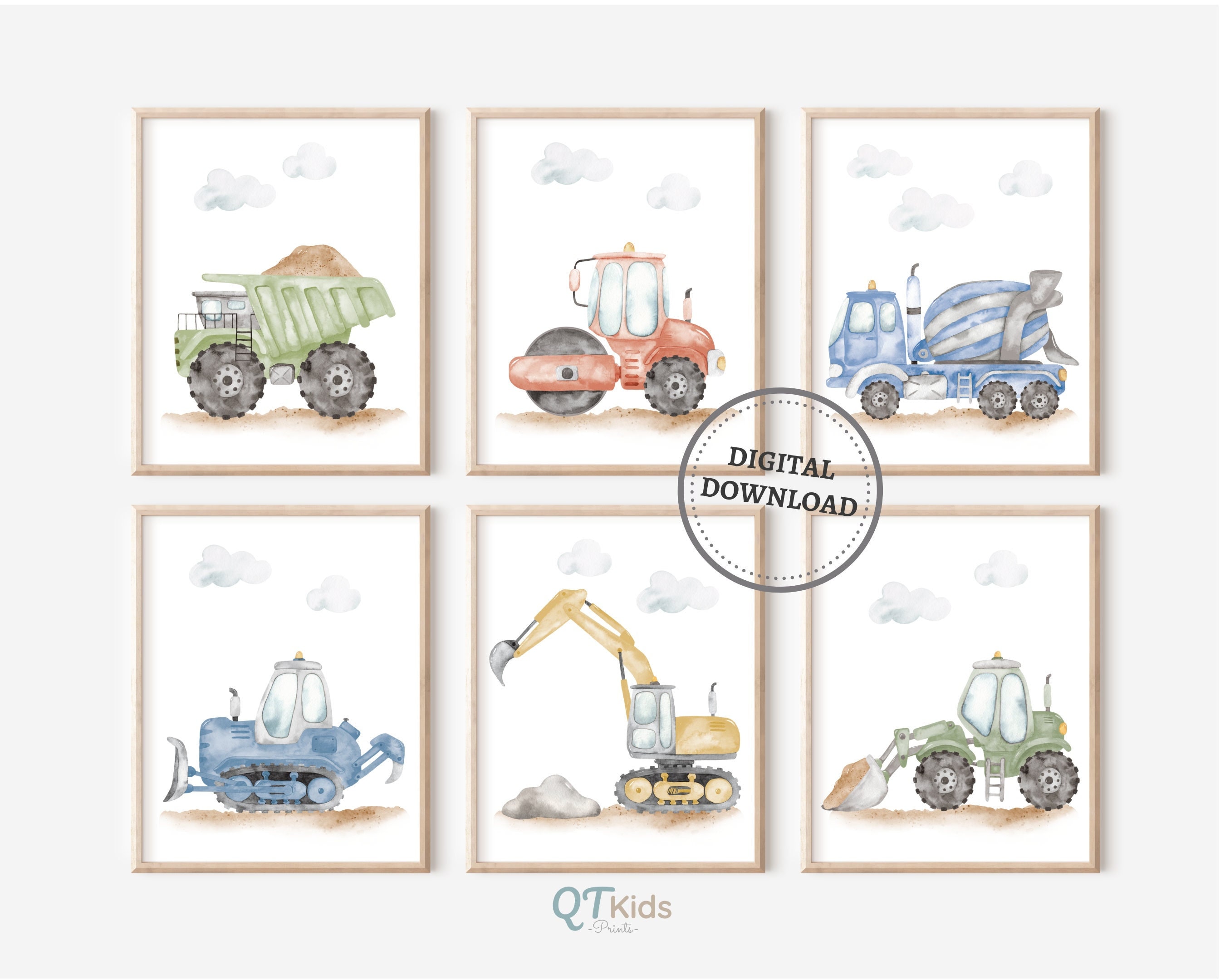 Watercolour Construction Trucks Prints, Construction Nursery Decor, Boy Room Wall Art, Playroom Truck Vehicles Posters,  DIGITAL DOWNLOAD
